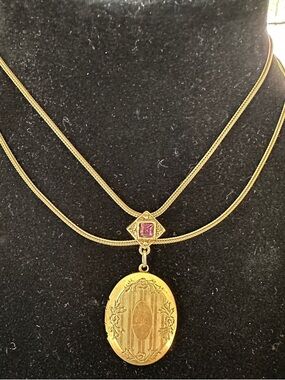 Goldette Gold Toned Victorian Style Locket Necklace with Purple Stone Accent